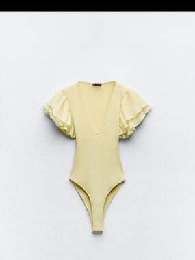 Zara Pale Yellow Ribbed V-Neck Bodysuit with Ruffle Sleeves